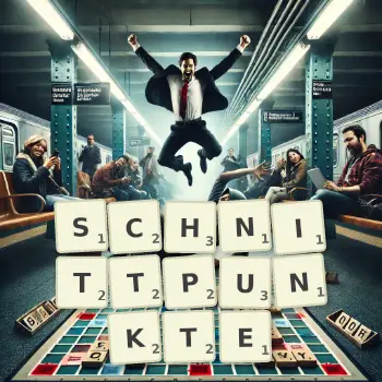 Kreative Illustration für ein Scrabble-Spiel, bei dem das Wort SCHNITTPUNKTE mit Steinen auf dem Brett gelegt wurde.