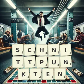 Kreative Illustration für ein Scrabble-Spiel, bei dem das Wort SCHNITTPUNKTEN mit Steinen auf dem Brett gelegt wurde.