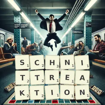 Kreative Illustration für ein Scrabble-Spiel, bei dem das Wort SCHNITTREAKTION mit Steinen auf dem Brett gelegt wurde.