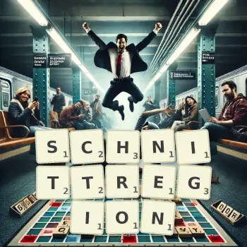 Kreative Illustration für ein Scrabble-Spiel, bei dem das Wort SCHNITTREGION mit Steinen auf dem Brett gelegt wurde.