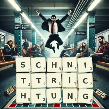 Kreative Illustration für ein Scrabble-Spiel, bei dem das Wort SCHNITTRICHTUNG mit Steinen auf dem Brett gelegt wurde.