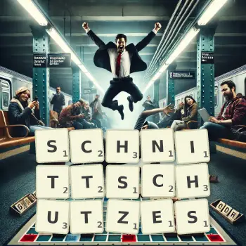 Kreative Illustration für ein Scrabble-Spiel, bei dem das Wort SCHNITTSCHUTZES mit Steinen auf dem Brett gelegt wurde.
