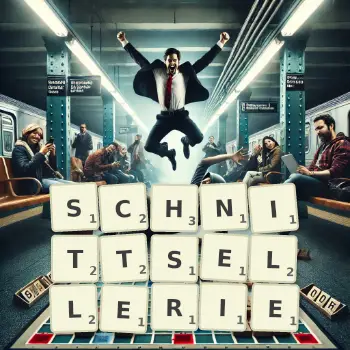 Kreative Illustration für ein Scrabble-Spiel, bei dem das Wort SCHNITTSELLERIE mit Steinen auf dem Brett gelegt wurde.