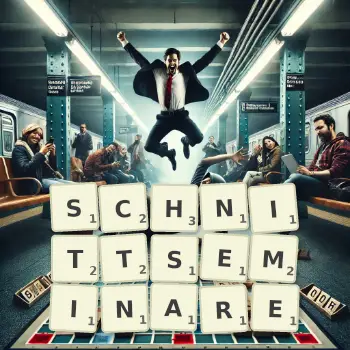 Kreative Illustration für ein Scrabble-Spiel, bei dem das Wort SCHNITTSEMINARE mit Steinen auf dem Brett gelegt wurde.