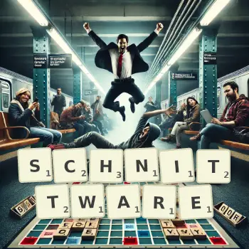 Kreative Illustration für ein Scrabble-Spiel, bei dem das Wort SCHNITTWARE mit Steinen auf dem Brett gelegt wurde.