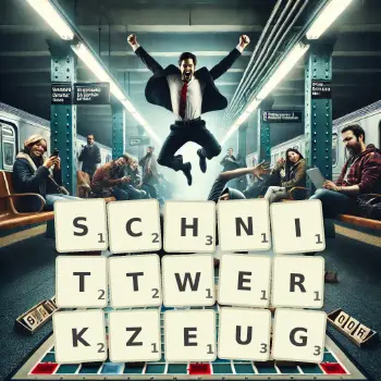 Kreative Illustration für ein Scrabble-Spiel, bei dem das Wort SCHNITTWERKZEUG mit Steinen auf dem Brett gelegt wurde.