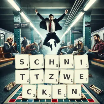 Kreative Illustration für ein Scrabble-Spiel, bei dem das Wort SCHNITTZWECKEN mit Steinen auf dem Brett gelegt wurde.