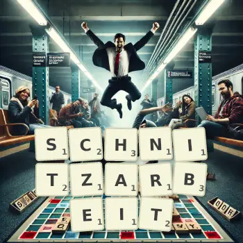 Kreative Illustration für ein Scrabble-Spiel, bei dem das Wort SCHNITZARBEIT mit Steinen auf dem Brett gelegt wurde.