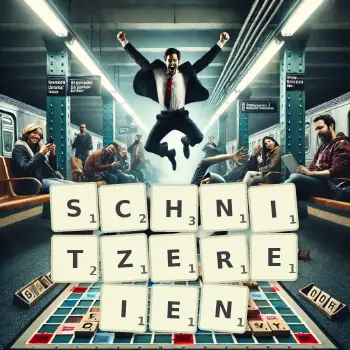 Kreative Illustration für ein Scrabble-Spiel, bei dem das Wort SCHNITZEREIEN mit Steinen auf dem Brett gelegt wurde.