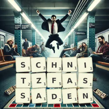 Kreative Illustration für ein Scrabble-Spiel, bei dem das Wort SCHNITZFASSADEN mit Steinen auf dem Brett gelegt wurde.
