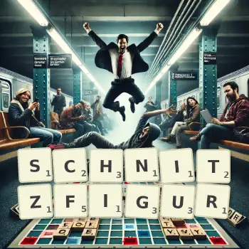 Kreative Illustration für ein Scrabble-Spiel, bei dem das Wort SCHNITZFIGUR mit Steinen auf dem Brett gelegt wurde.