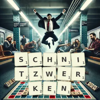 Kreative Illustration für ein Scrabble-Spiel, bei dem das Wort SCHNITZWERKEN mit Steinen auf dem Brett gelegt wurde.
