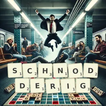 Kreative Illustration für ein Scrabble-Spiel, bei dem das Wort SCHNODDERIG mit Steinen auf dem Brett gelegt wurde.