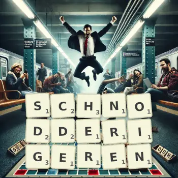 Kreative Illustration für ein Scrabble-Spiel, bei dem das Wort SCHNODDERIGEREN mit Steinen auf dem Brett gelegt wurde.
