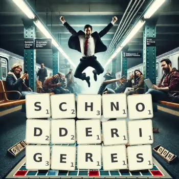 Kreative Illustration für ein Scrabble-Spiel, bei dem das Wort SCHNODDERIGERES mit Steinen auf dem Brett gelegt wurde.