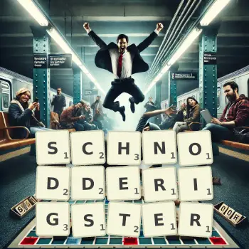 Kreative Illustration für ein Scrabble-Spiel, bei dem das Wort SCHNODDERIGSTER mit Steinen auf dem Brett gelegt wurde.