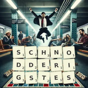Kreative Illustration für ein Scrabble-Spiel, bei dem das Wort SCHNODDERIGSTES mit Steinen auf dem Brett gelegt wurde.