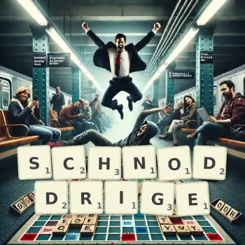 Kreative Illustration für ein Scrabble-Spiel, bei dem das Wort SCHNODDRIGE mit Steinen auf dem Brett gelegt wurde.