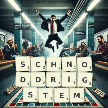 Kreative Illustration für ein Scrabble-Spiel, bei dem das Wort SCHNODDRIGSTEM mit Steinen auf dem Brett gelegt wurde.