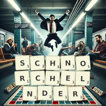 Kreative Illustration für ein Scrabble-Spiel, bei dem das Wort SCHNORCHELNDER mit Steinen auf dem Brett gelegt wurde.