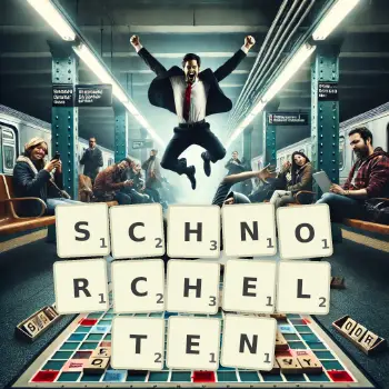 Kreative Illustration für ein Scrabble-Spiel, bei dem das Wort SCHNORCHELTEN mit Steinen auf dem Brett gelegt wurde.
