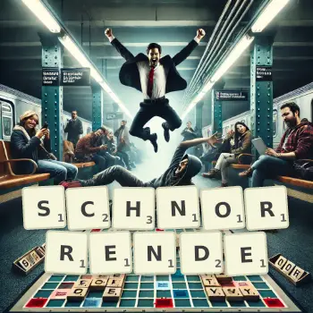 Kreative Illustration für ein Scrabble-Spiel, bei dem das Wort SCHNORRENDE mit Steinen auf dem Brett gelegt wurde.