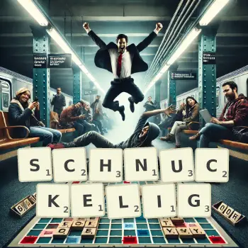 Kreative Illustration für ein Scrabble-Spiel, bei dem das Wort SCHNUCKELIG mit Steinen auf dem Brett gelegt wurde.