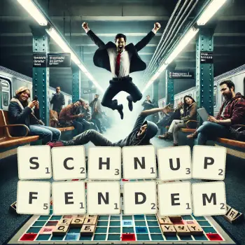 Kreative Illustration für ein Scrabble-Spiel, bei dem das Wort SCHNUPFENDEM mit Steinen auf dem Brett gelegt wurde.