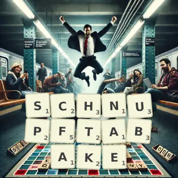 Kreative Illustration für ein Scrabble-Spiel, bei dem das Wort SCHNUPFTABAKE mit Steinen auf dem Brett gelegt wurde.