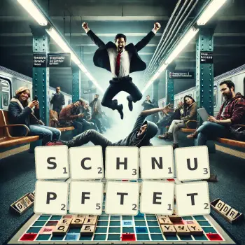 Kreative Illustration für ein Scrabble-Spiel, bei dem das Wort SCHNUPFTET mit Steinen auf dem Brett gelegt wurde.