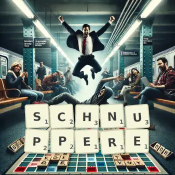 Kreative Illustration für ein Scrabble-Spiel, bei dem das Wort SCHNUPPERE mit Steinen auf dem Brett gelegt wurde.