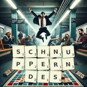 Kreative Illustration für ein Scrabble-Spiel, bei dem das Wort SCHNUPPERNDES mit Steinen auf dem Brett gelegt wurde.