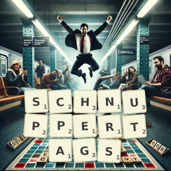 Kreative Illustration für ein Scrabble-Spiel, bei dem das Wort SCHNUPPERTAGS mit Steinen auf dem Brett gelegt wurde.