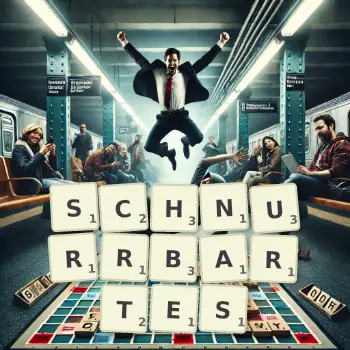 Kreative Illustration für ein Scrabble-Spiel, bei dem das Wort SCHNURRBARTES mit Steinen auf dem Brett gelegt wurde.