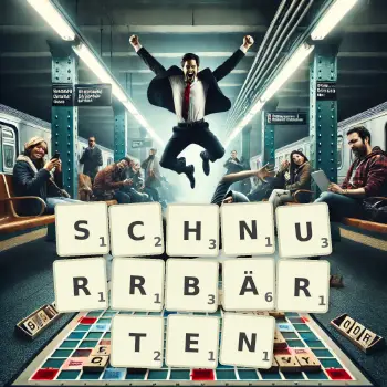 Kreative Illustration für ein Scrabble-Spiel, bei dem das Wort SCHNURRBÄRTEN mit Steinen auf dem Brett gelegt wurde.