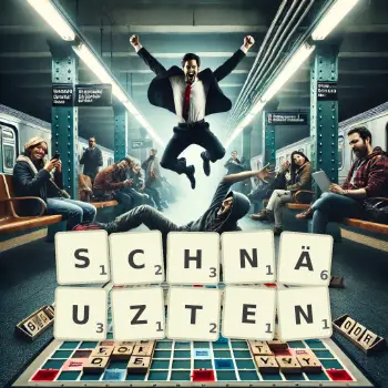 Kreative Illustration für ein Scrabble-Spiel, bei dem das Wort SCHNÄUZTEN mit Steinen auf dem Brett gelegt wurde.