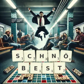 Kreative Illustration für ein Scrabble-Spiel, bei dem das Wort SCHNÖBEST mit Steinen auf dem Brett gelegt wurde.