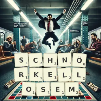Kreative Illustration für ein Scrabble-Spiel, bei dem das Wort SCHNÖRKELLOSEM mit Steinen auf dem Brett gelegt wurde.
