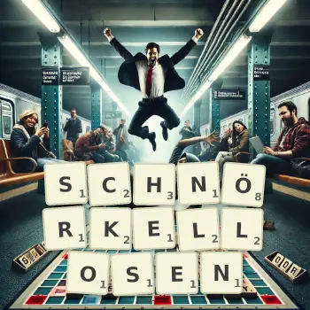 Kreative Illustration für ein Scrabble-Spiel, bei dem das Wort SCHNÖRKELLOSEN mit Steinen auf dem Brett gelegt wurde.