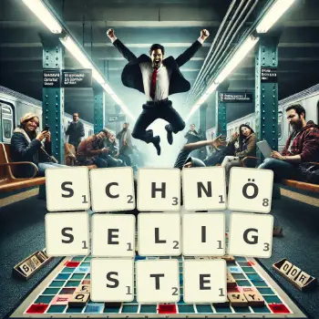 Kreative Illustration für ein Scrabble-Spiel, bei dem das Wort SCHNÖSELIGSTE mit Steinen auf dem Brett gelegt wurde.