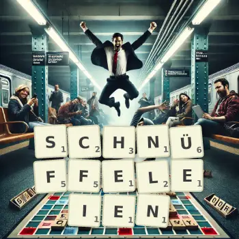 Kreative Illustration für ein Scrabble-Spiel, bei dem das Wort SCHNÜFFELEIEN mit Steinen auf dem Brett gelegt wurde.