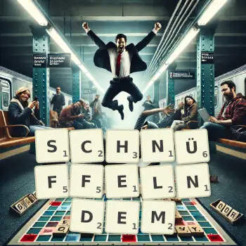 Kreative Illustration für ein Scrabble-Spiel, bei dem das Wort SCHNÜFFELNDEM mit Steinen auf dem Brett gelegt wurde.