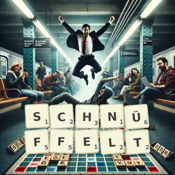 Kreative Illustration für ein Scrabble-Spiel, bei dem das Wort SCHNÜFFELT mit Steinen auf dem Brett gelegt wurde.
