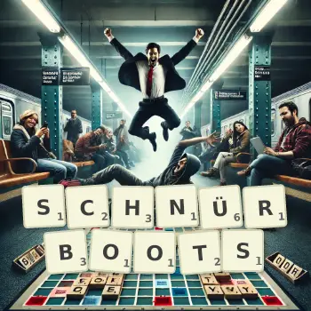 Kreative Illustration für ein Scrabble-Spiel, bei dem das Wort SCHNÜRBOOTS mit Steinen auf dem Brett gelegt wurde.