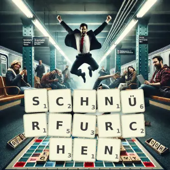 Kreative Illustration für ein Scrabble-Spiel, bei dem das Wort SCHNÜRFURCHEN mit Steinen auf dem Brett gelegt wurde.