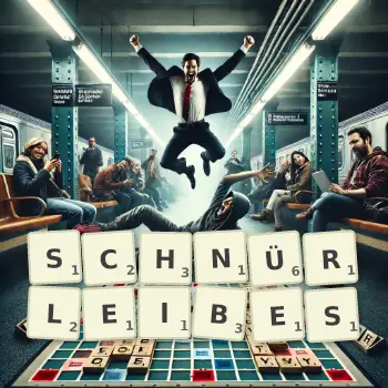 Kreative Illustration für ein Scrabble-Spiel, bei dem das Wort SCHNÜRLEIBES mit Steinen auf dem Brett gelegt wurde.