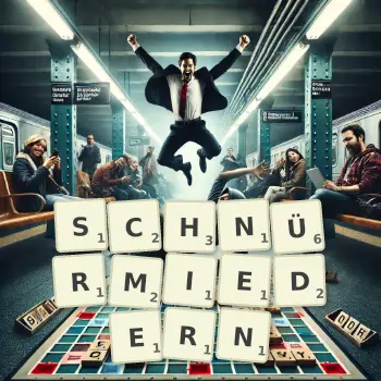Kreative Illustration für ein Scrabble-Spiel, bei dem das Wort SCHNÜRMIEDERN mit Steinen auf dem Brett gelegt wurde.