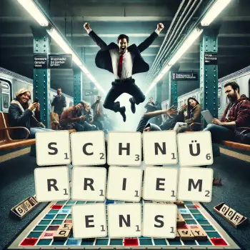 Kreative Illustration für ein Scrabble-Spiel, bei dem das Wort SCHNÜRRIEMENS mit Steinen auf dem Brett gelegt wurde.