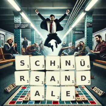 Kreative Illustration für ein Scrabble-Spiel, bei dem das Wort SCHNÜRSANDALE mit Steinen auf dem Brett gelegt wurde.