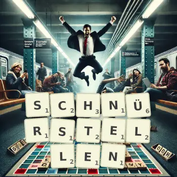 Kreative Illustration für ein Scrabble-Spiel, bei dem das Wort SCHNÜRSTELLEN mit Steinen auf dem Brett gelegt wurde.